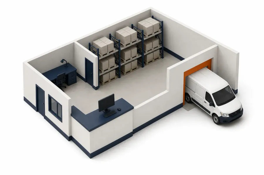 Cutaway model of a warehouse with an office, pallet racking and a van at the loading door