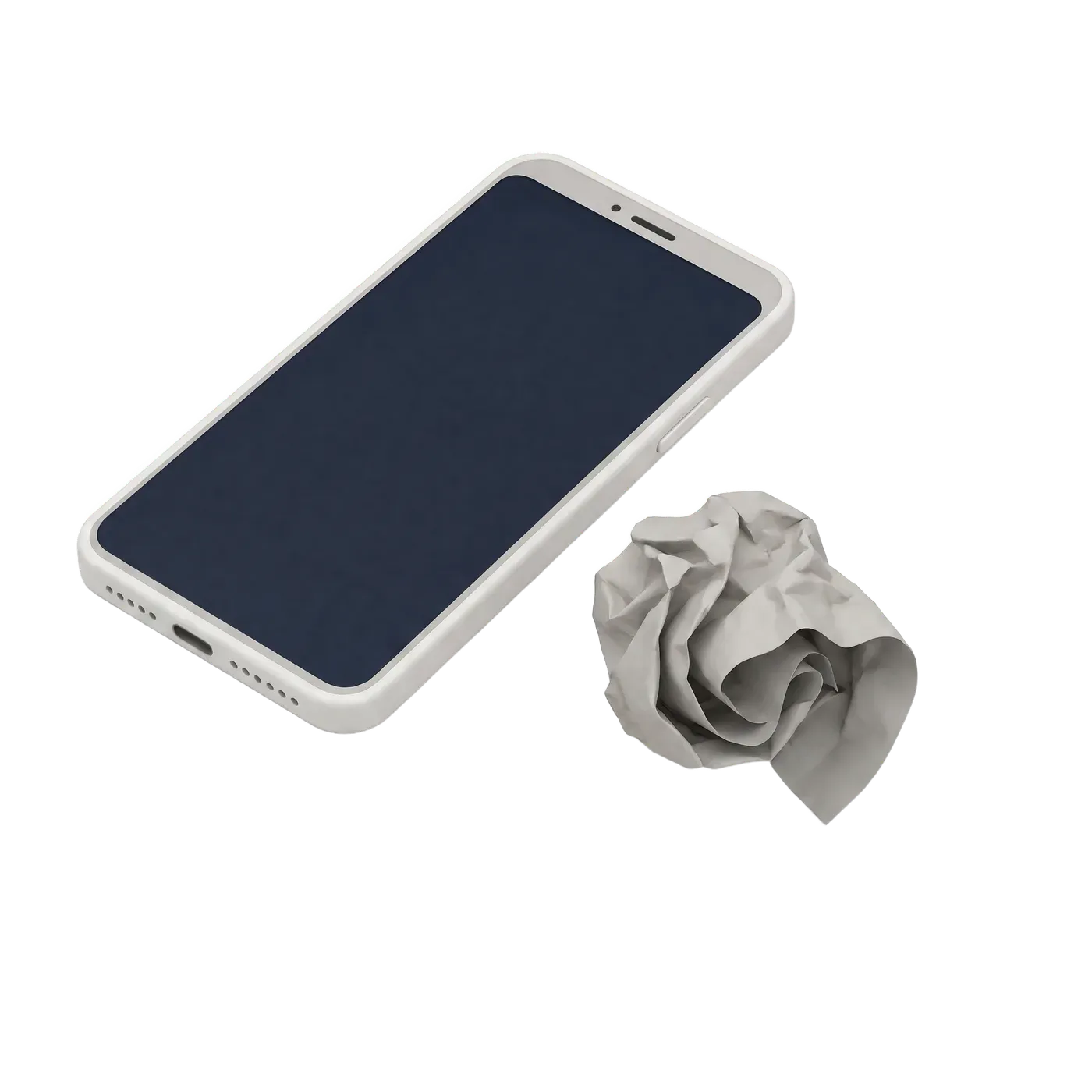 Maqueta de un celular apoyado boca arriba con la pantalla apagada, un ticket de papel hecho un bollo al lado y un clip naranja abierto suelto en el piso