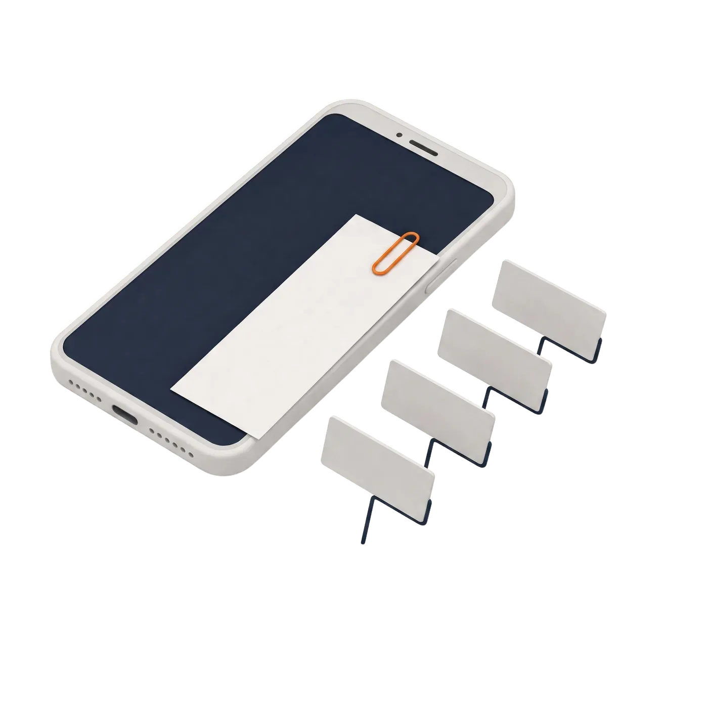 Maqueta del mismo celular con el ticket ya planchado encima, sujeto por el clip naranja, y cuatro etiquetas rectangulares en blanco paradas al lado sobre alambres navy