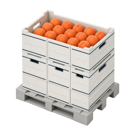 Maqueta de pallet con cajones de fruta blancos apilados, el de arriba abierto con duraznos naranjas