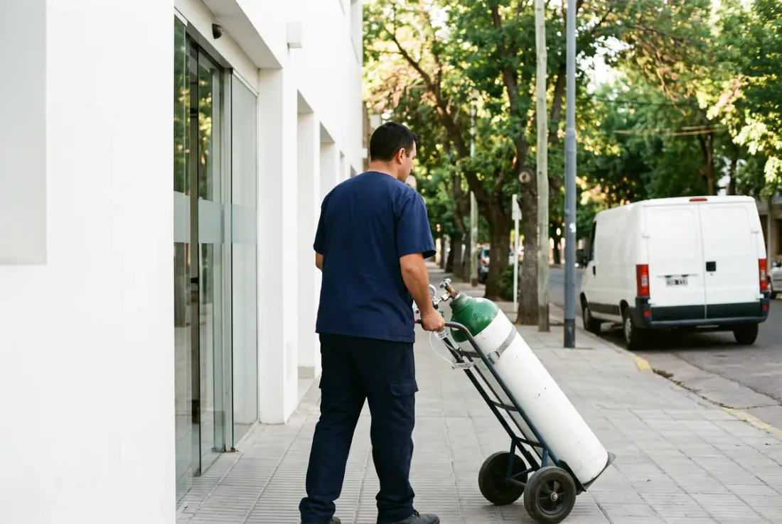 Repartidor llevando un tubo de oxígeno en carrito hasta la puerta de una clínica