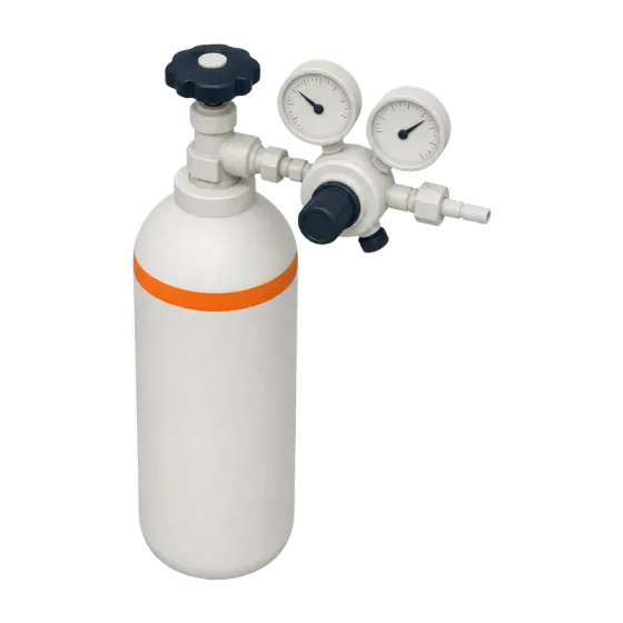 Maqueta de tubo de gas medicinal blanco con franja naranja en el hombro, válvula y dos manómetros