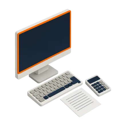 Maqueta de escritorio con monitor apagado de marco naranja, teclado, hoja rayada y calculadora
