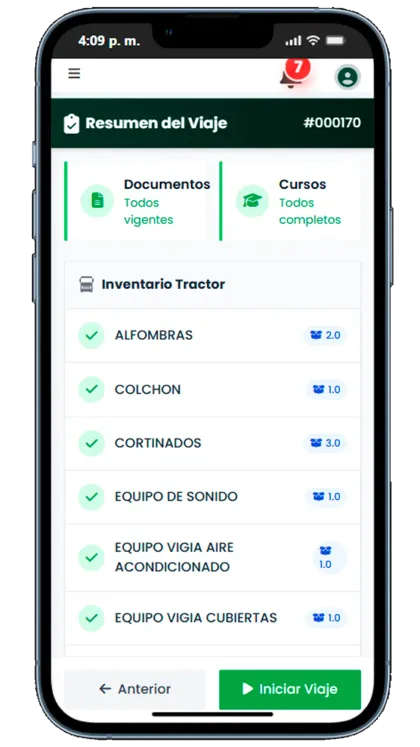 Inventario del tractor verificado, en la app de KeyRutas