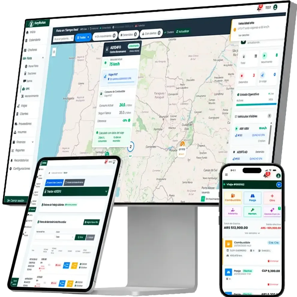 Pantallas reales de KeyRutas en monitor, tablet y celular: mapa GPS de la flota, mantenimiento y gastos del viaje
