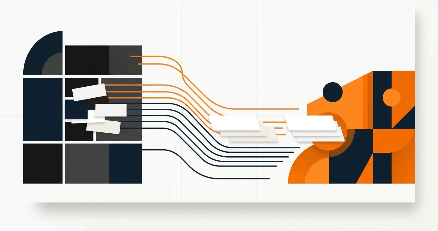 Ilustración de datos migrando de un sistema viejo a uno nuevo y ordenado
