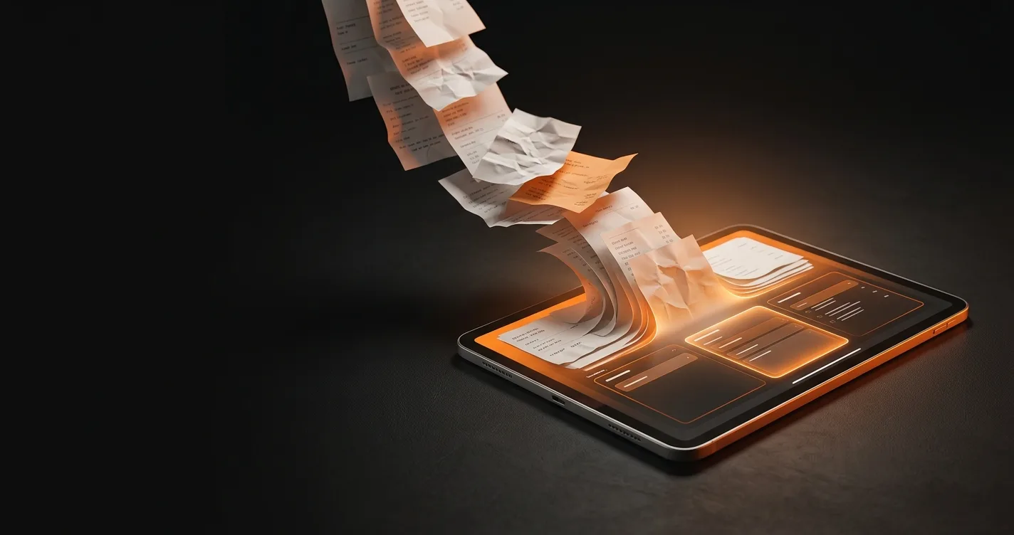 Una avalancha de notas de pedido en papel cayendo y embudándose en una sola tablet ordenada